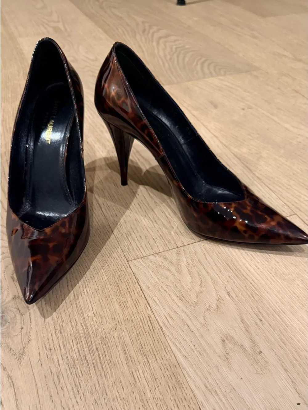 Saint Laurent Brown Tortoiseshell Patent Pointed-Toe Stilettos - Picture 1 of 6